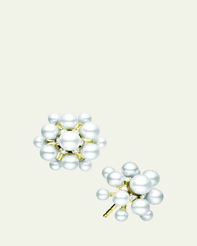 Orbit 18K Yellow Gold Diamond and Pearly Bead Stud Earrings